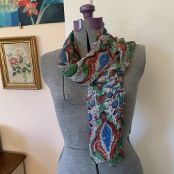 Vintage Paisley Floral Silk Chiffon Sheer Scarf Green Blue Red 51x19
