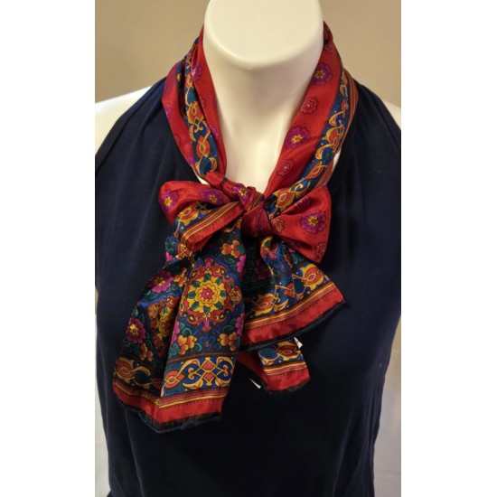 LIZ CLAIBORNE ACCESORIOS 1991 Scarf Estilizada Floral Silk Feel Japón Rojo Verde 10x52