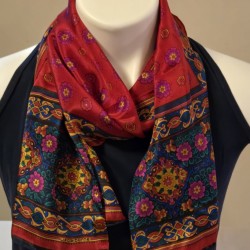 LIZ CLAIBORNE ACCESORIOS 1991 Scarf Estilizada Floral Silk Feel Japón Rojo Verde 10x52