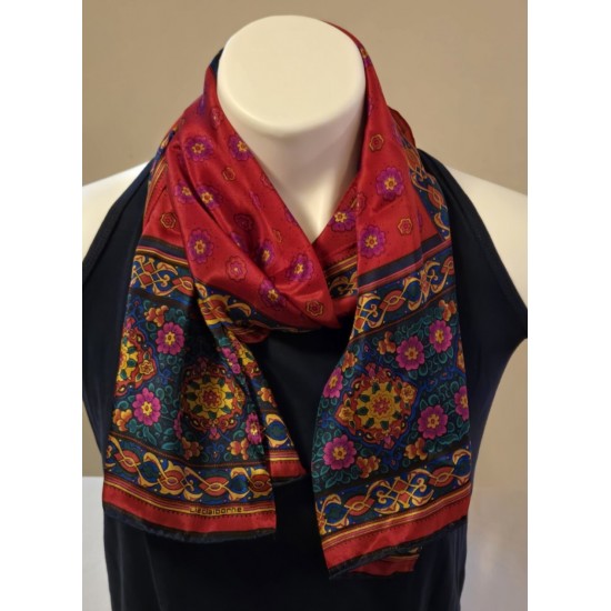 LIZ CLAIBORNE ACCESORIOS 1991 Scarf Estilizada Floral Silk Feel Japón Rojo Verde 10x52