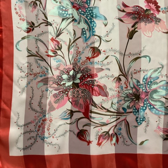 D4 A Scarf a Rayas Square 38 Pulgadas Diseño Flor Roja Preciada de Gasa y Satén