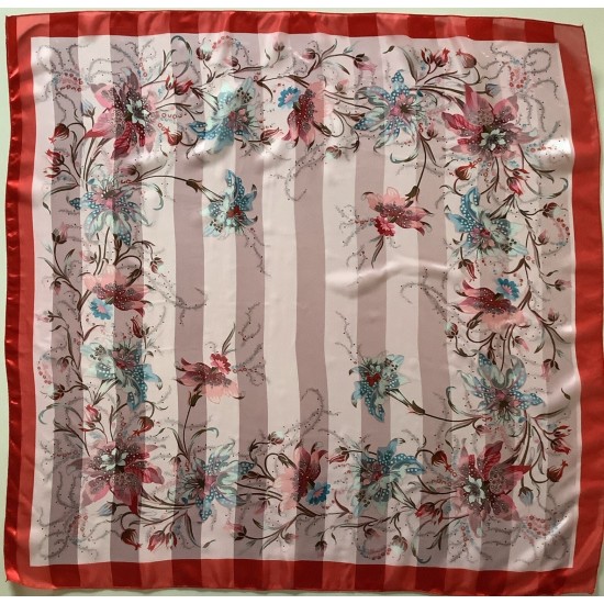 D4 A Scarf a Rayas Square 38 Pulgadas Diseño Flor Roja Preciada de Gasa y Satén