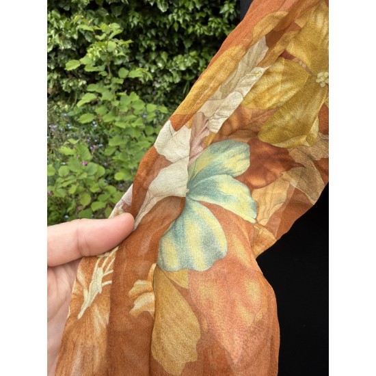 Vintage Rust Brown Whimsical Floral 100% Silk Scarf Marina D'este