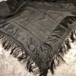 Antique Black Silk Banded Piano Shawl Wrap Scarf Fringe 70sq Vintage Luxury