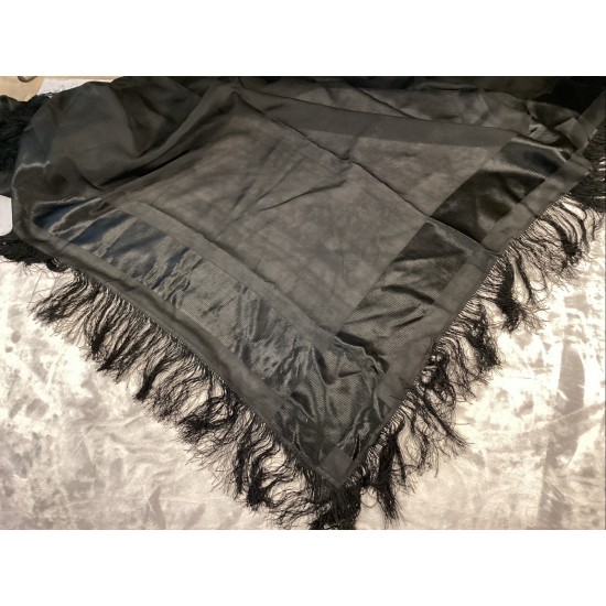 Antique Black Silk Banded Piano Shawl Wrap Scarf Fringe 70sq Vintage Luxury